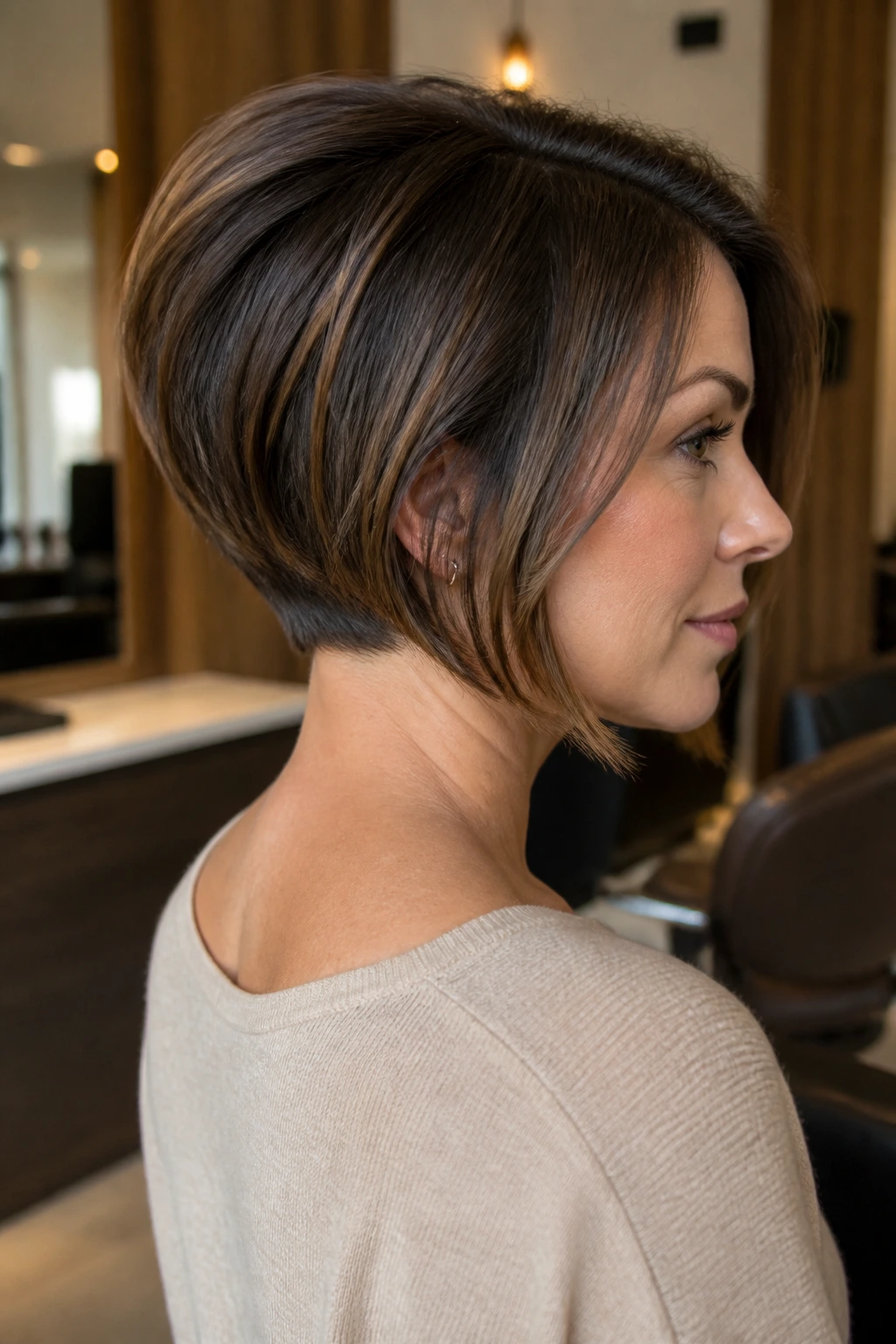 Portrait of a woman with a tapered nape bob showing neat back taper