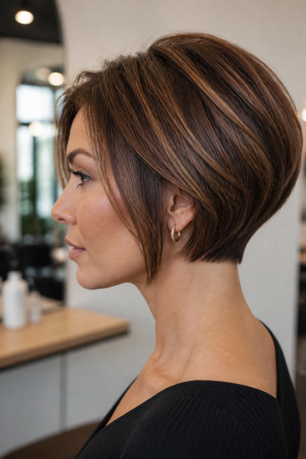 Side-profile portrait of a real woman with a tapered nape bob chestnut shadow lowlights in a modern salon