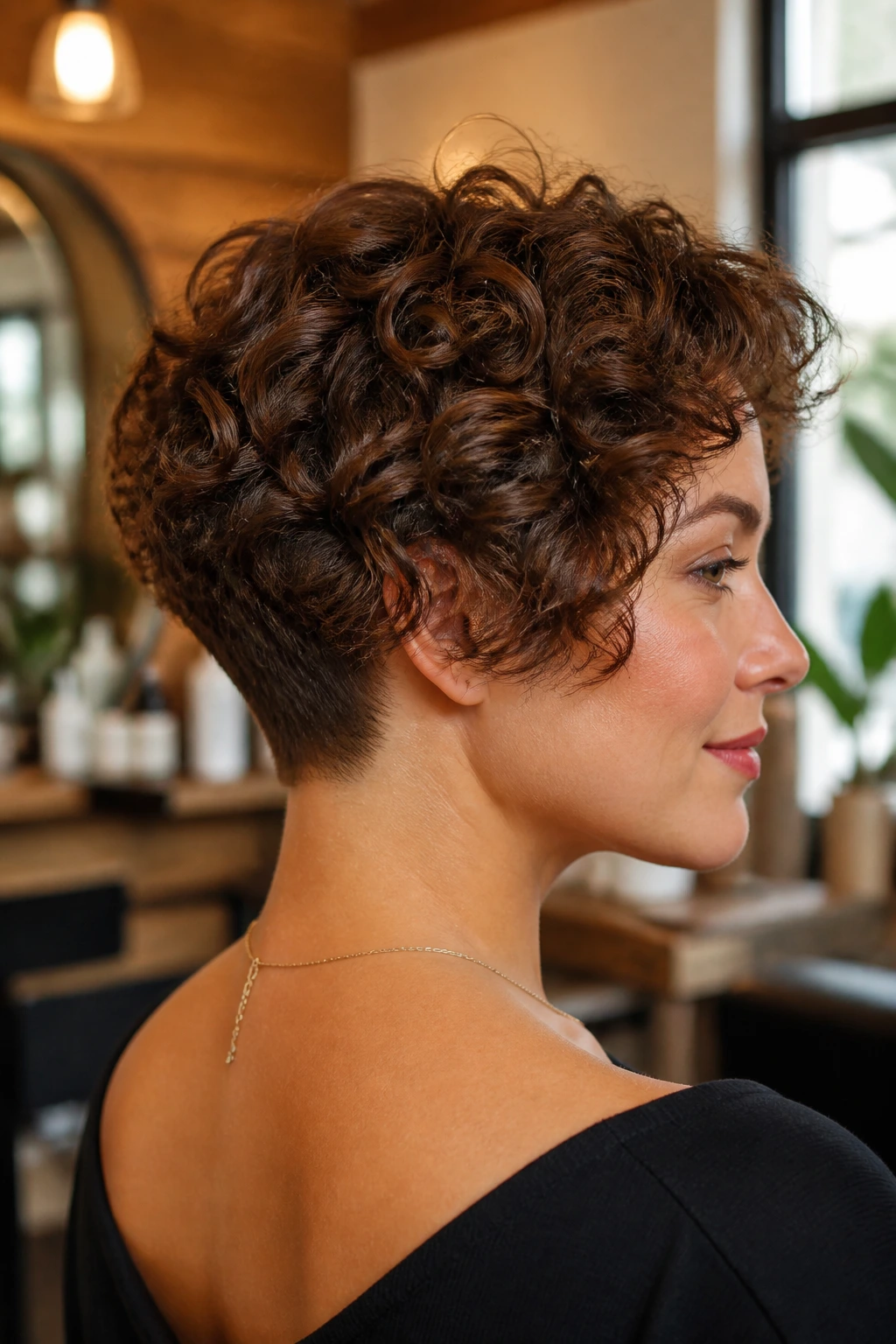 Close-up of a real woman with a tapered nape bob and fuller top curl in a salon