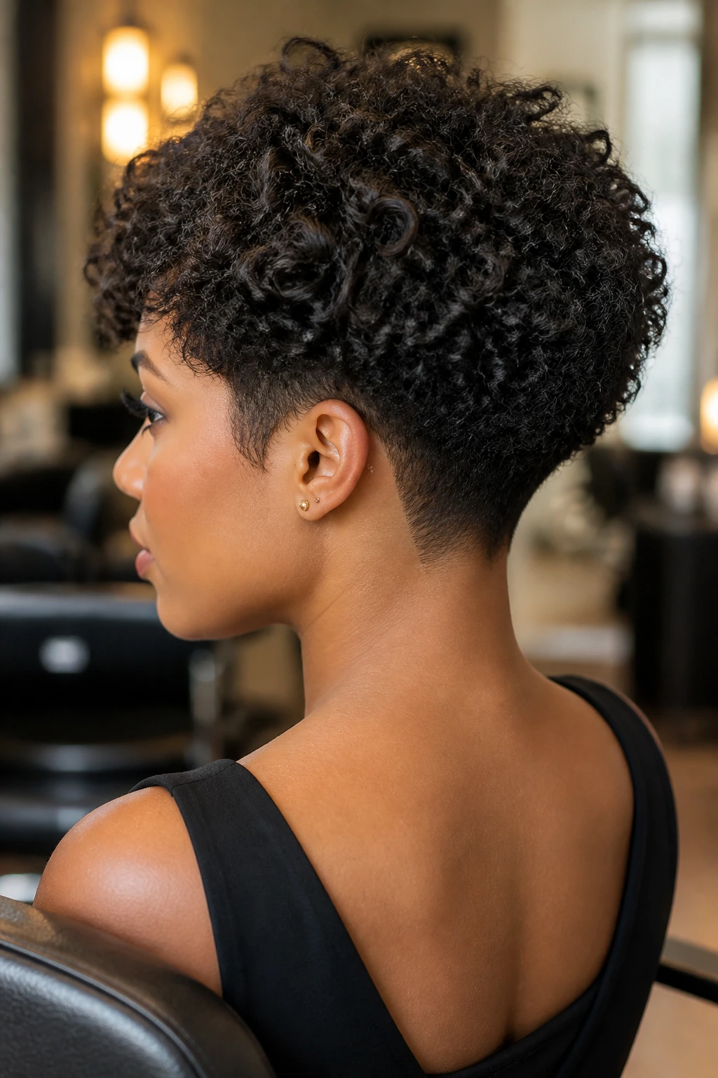 Close-up portrait of a real Black woman with a tapered nape bob and clean neckline.