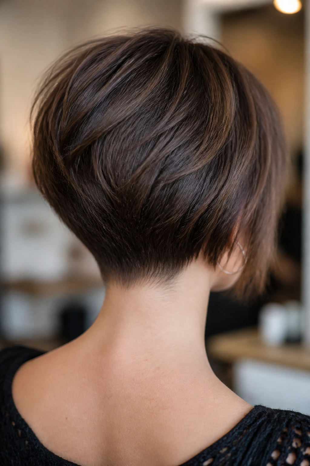 Back view of a woman with a tapered nape bob and feathered ends