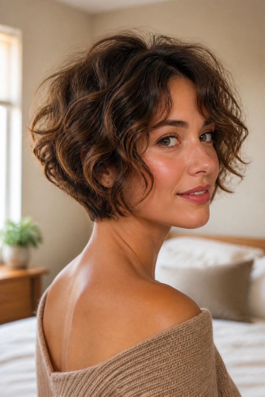 Close-up of real woman with a tapered nape bob under natural window light