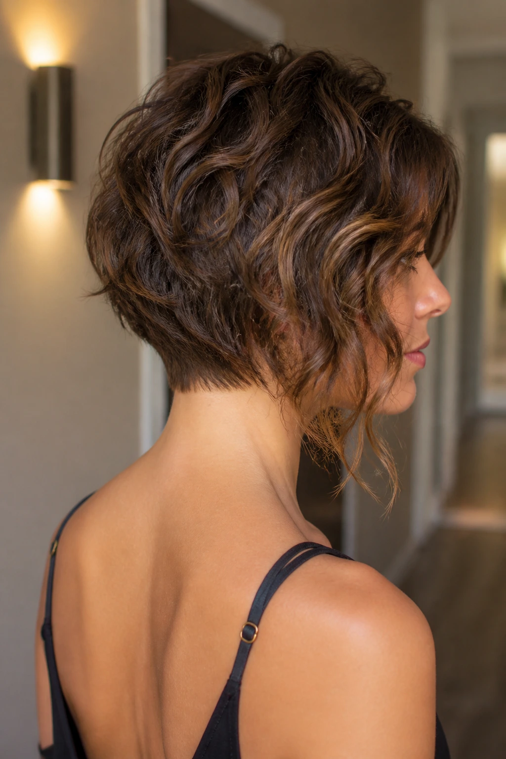 Three-quarter view of a real woman with a tapered nape bob, back nape tapered.
