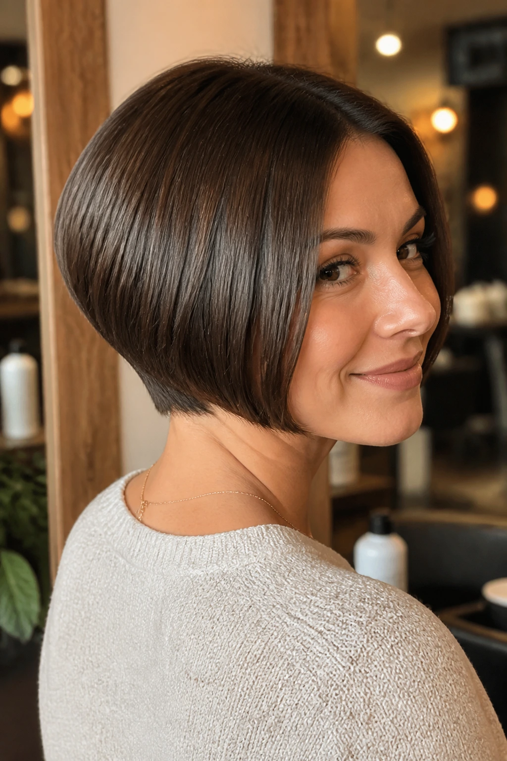 Close-up of a real woman with a tapered nape bob, front chin-length and shorter back
