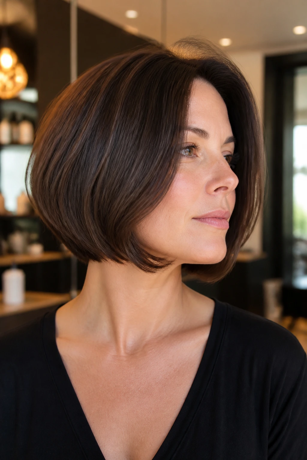 Close-up of a real woman with tapered nape bob and full front