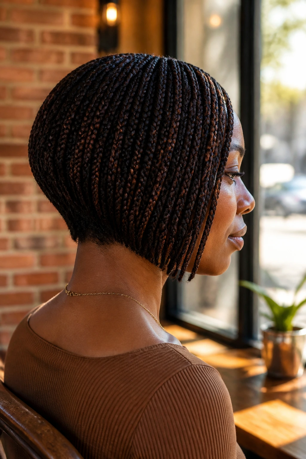 Three-quarter view of a woman with a tapered nape crochet bob showing neck and clean line