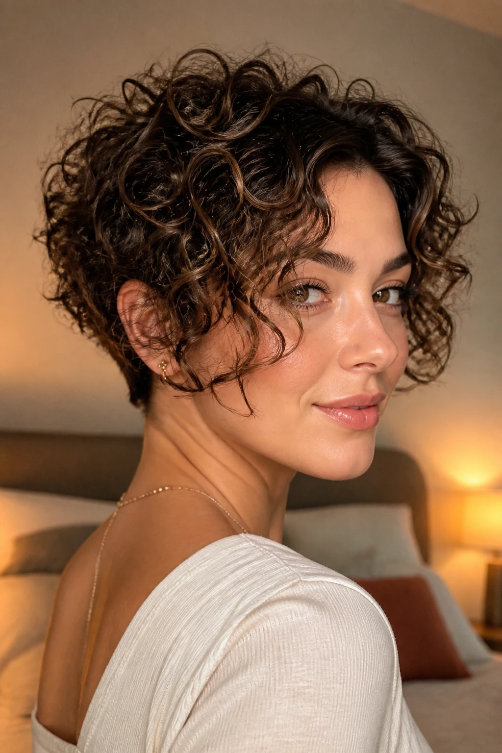 Close-up of a real woman with a tapered nape crop and framing ribbons