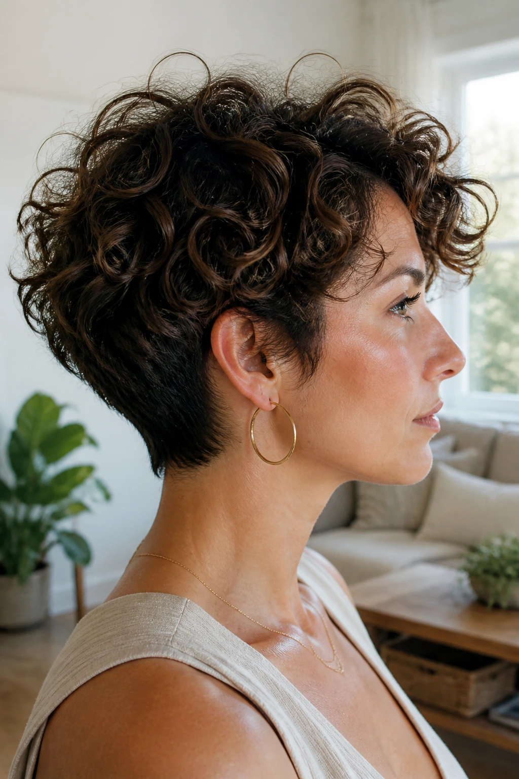 Side profile of a real woman with tapered nape and full crown volume
