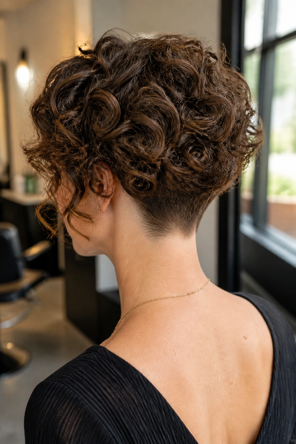 Back-of-head portrait of woman with tapered nape curl stack