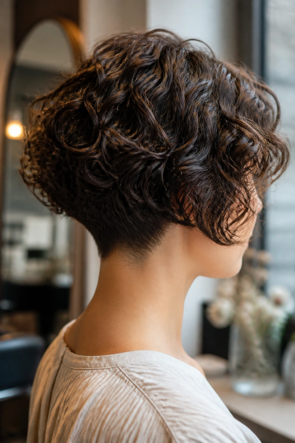 Back and side view of a real woman with tapered nape French bob