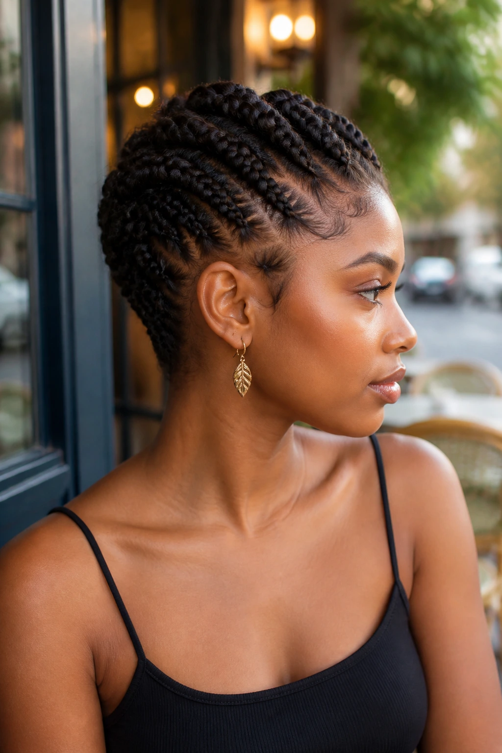 Profile portrait of real woman with tapered nape knotless braids