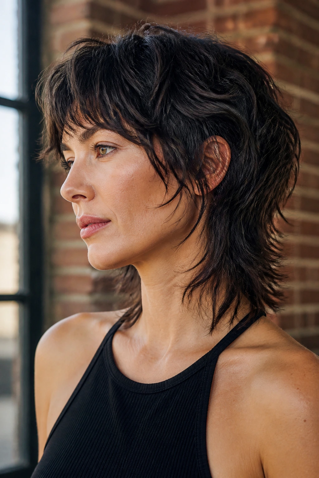 Close-up portrait of a real woman with tapered-nape mullet shag hairstyle