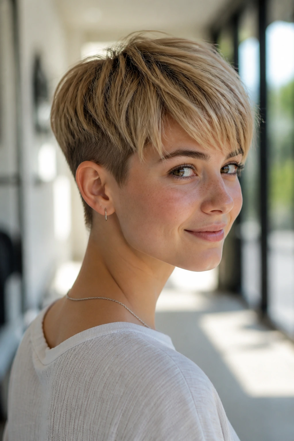 Girl with tapered nape pixie hairstyle in bright hallway