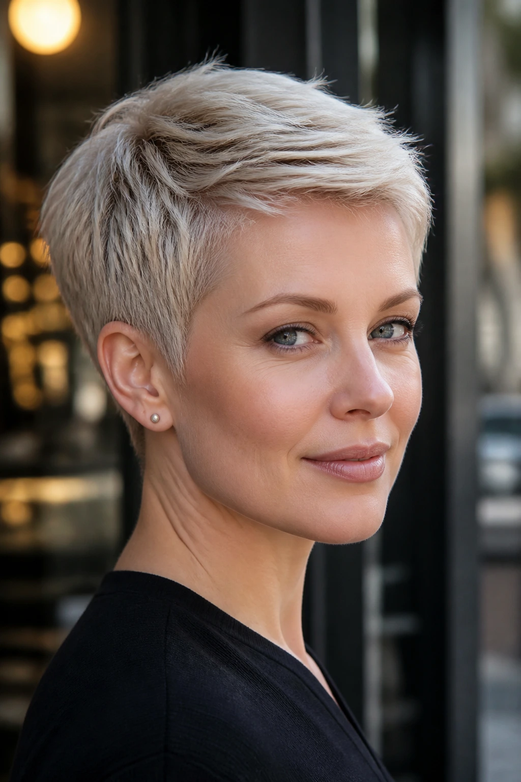 Close-up of person with tapered nape pixie and clean neckline