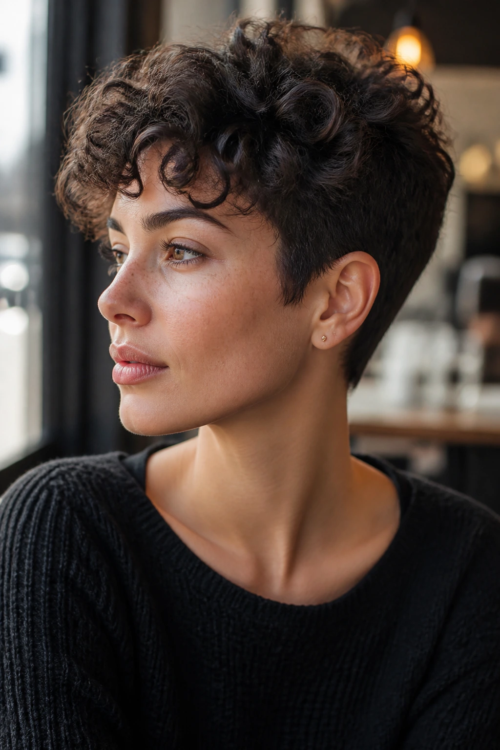 Close-up portrait of a woman with a tapered nape pixie and longer top showing curls at the crown.