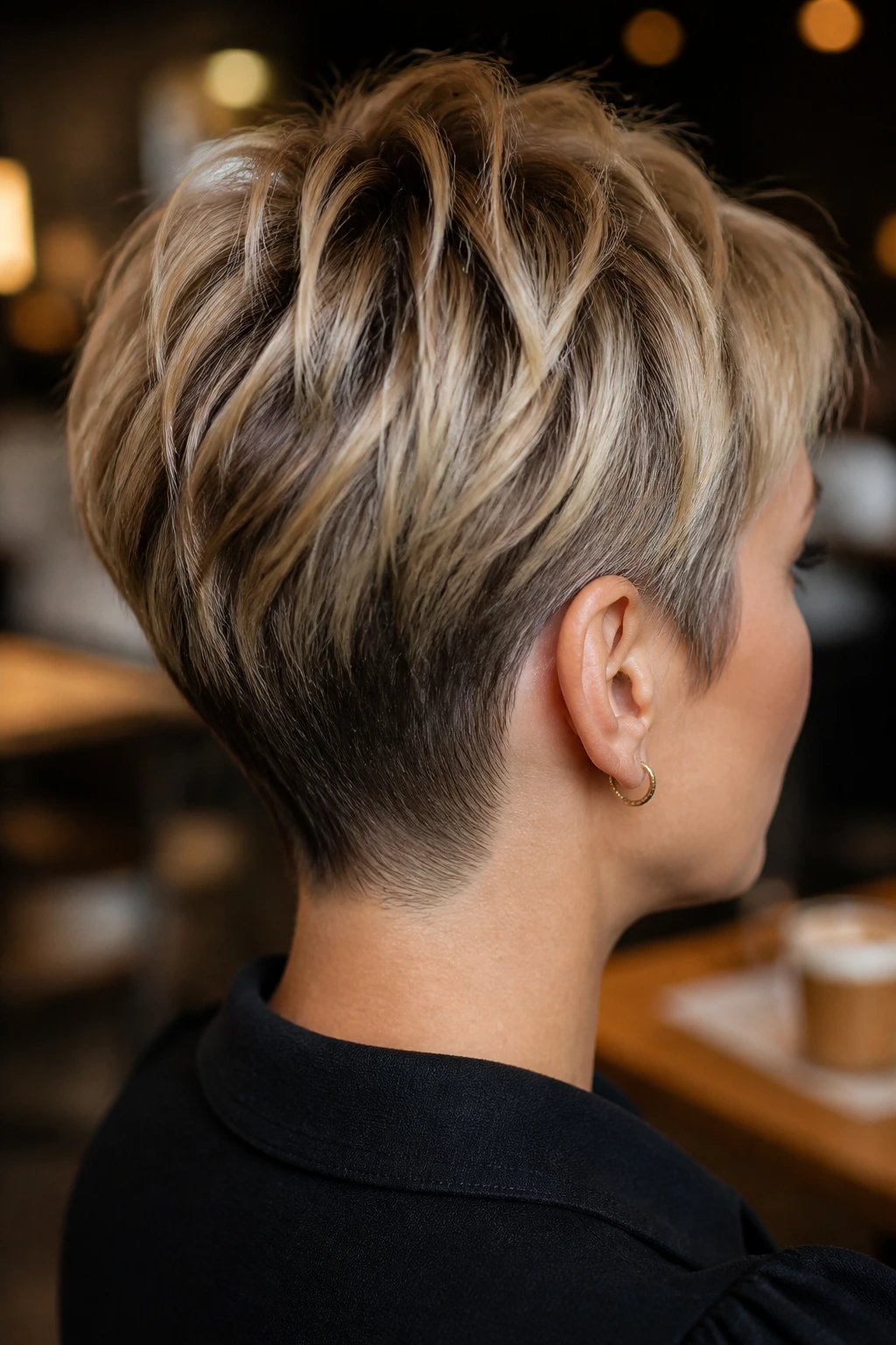 Rear three-quarter view of a woman with a tapered nape pixie hairstyle