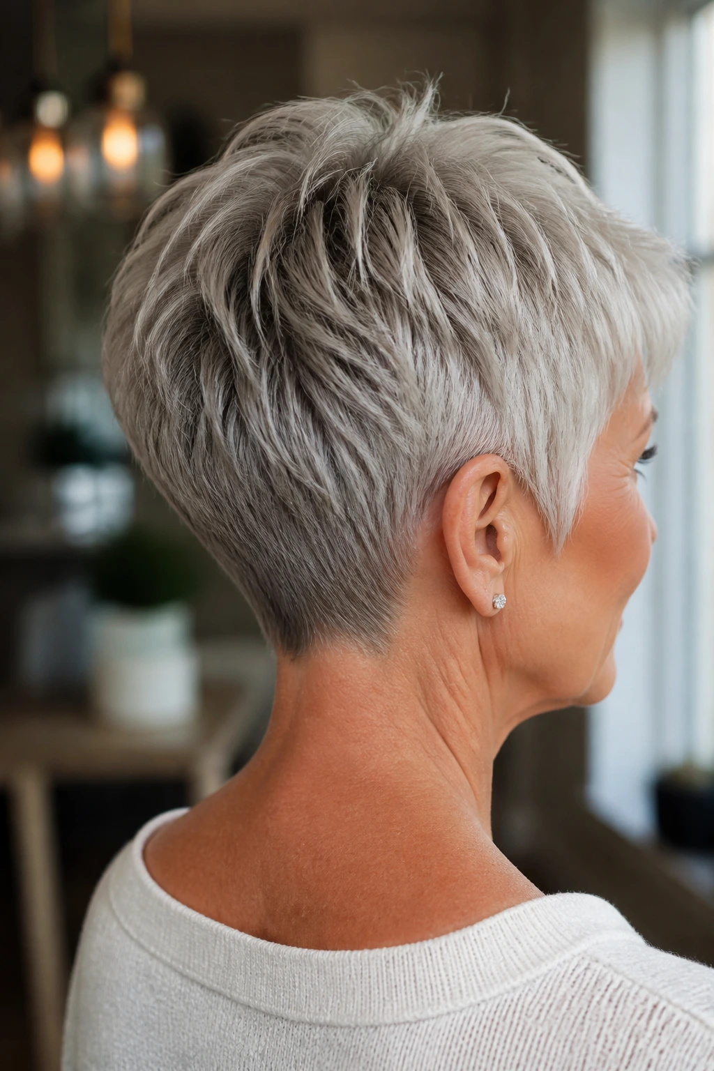 Real woman with tapered nape pixie and clean neckline