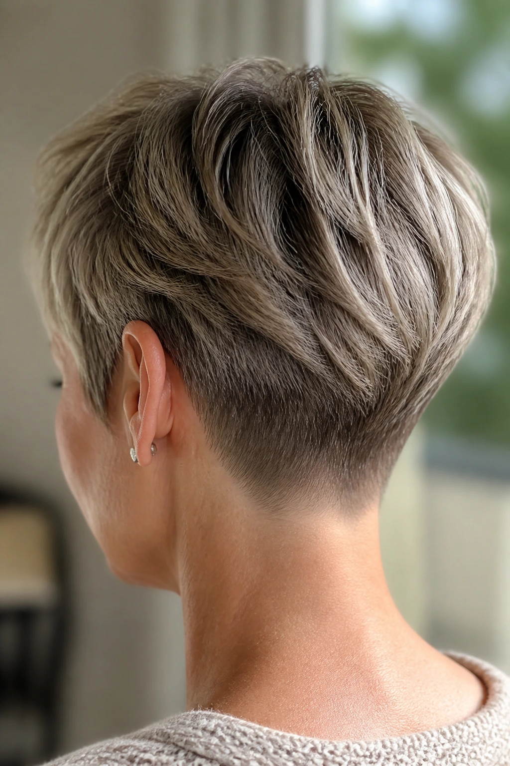 Back view of a real woman with a tapering nape pixie