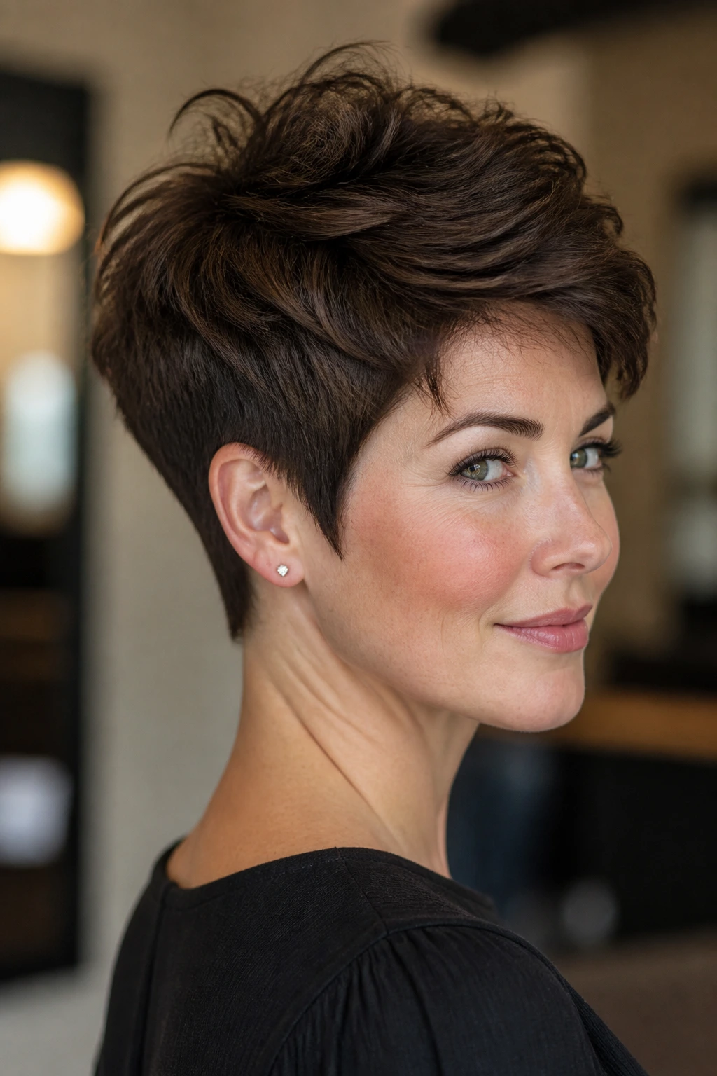 Three-quarter portrait of a real woman with a tapered nape pixie and lifted crown.