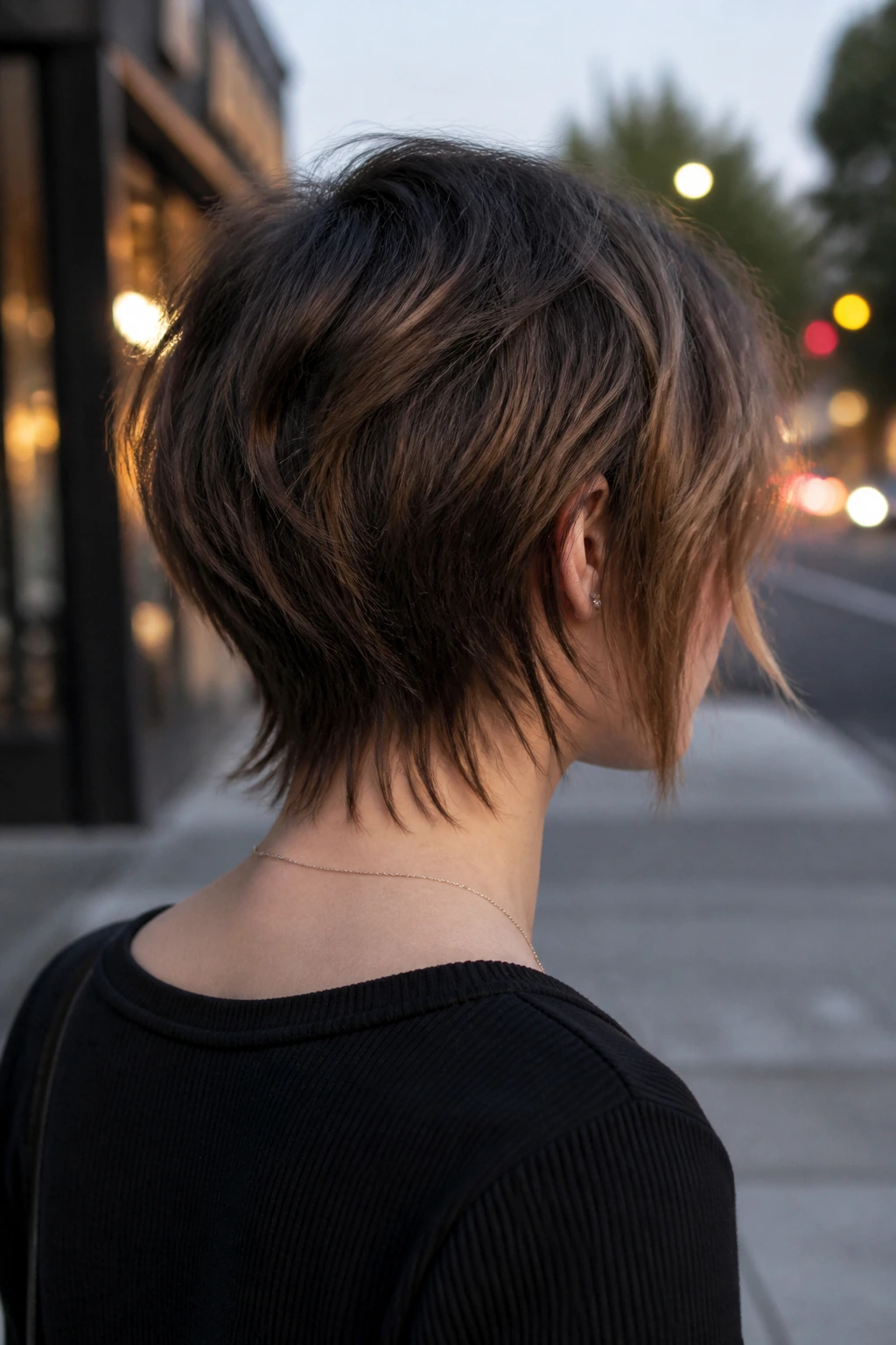 Back view of a real person showcasing a Tapered Nape Shag with a short nape and longer front