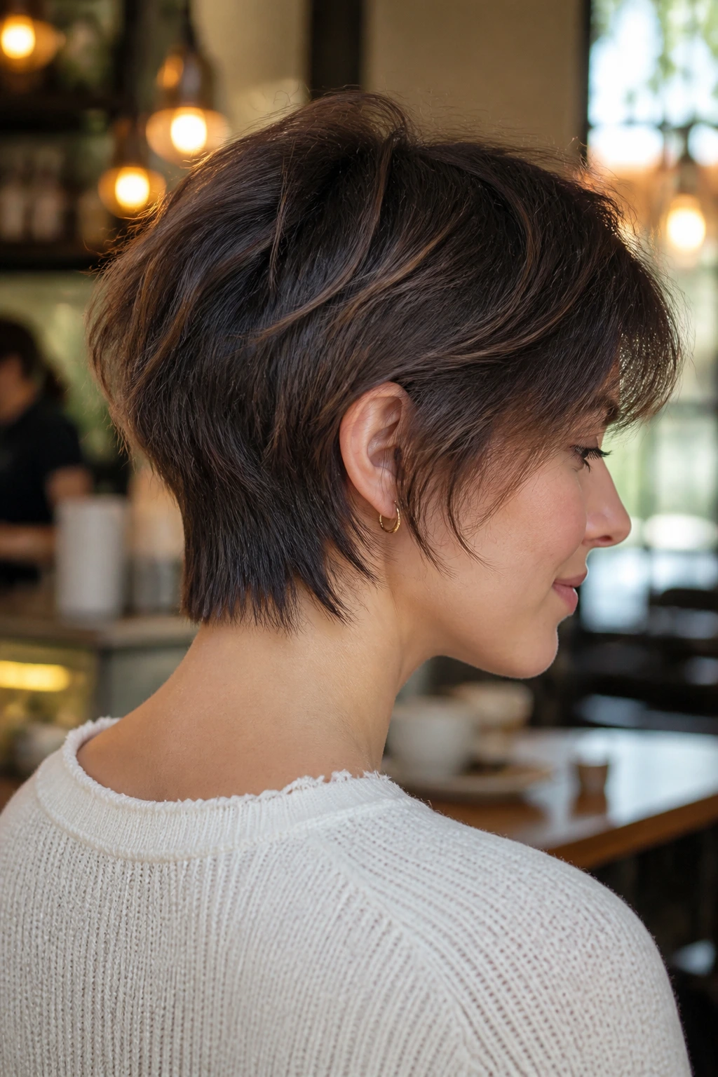 Profile close-up of a real person with Tapered Nape Shag showing nape taper
