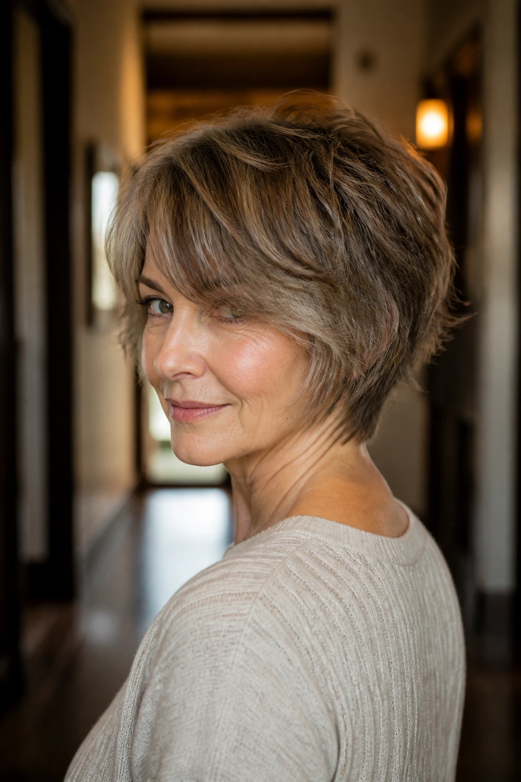 Three-quarter portrait of a real woman with a tapered nape shag