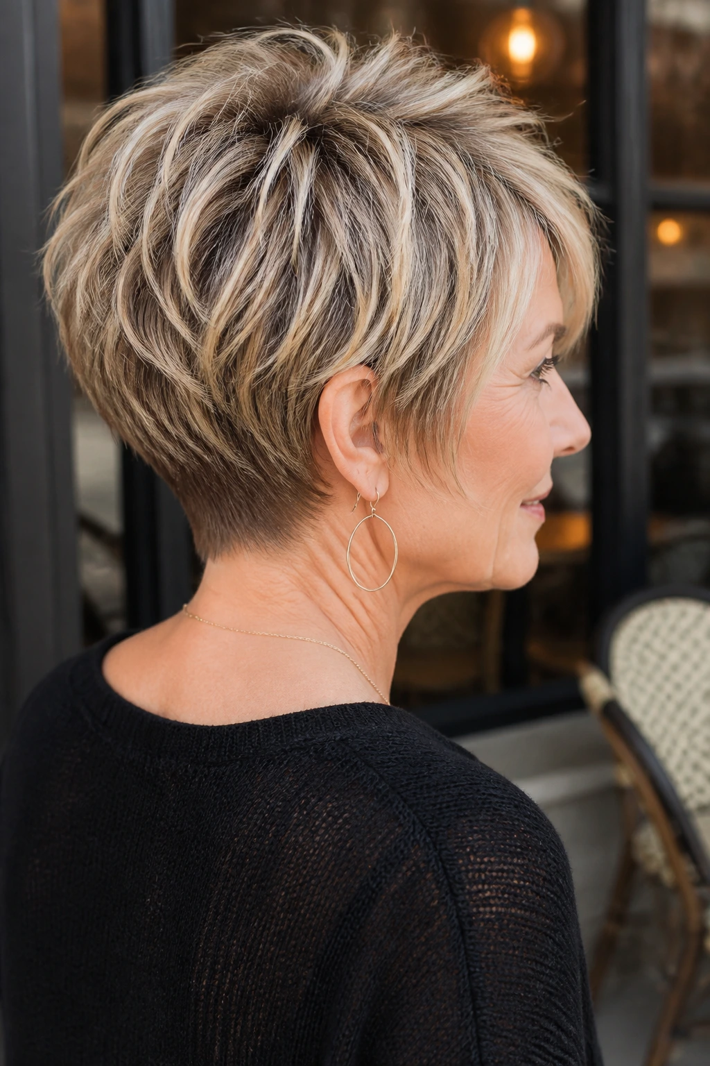 Close-up of a woman showing a tapered nape shag with a clean back.