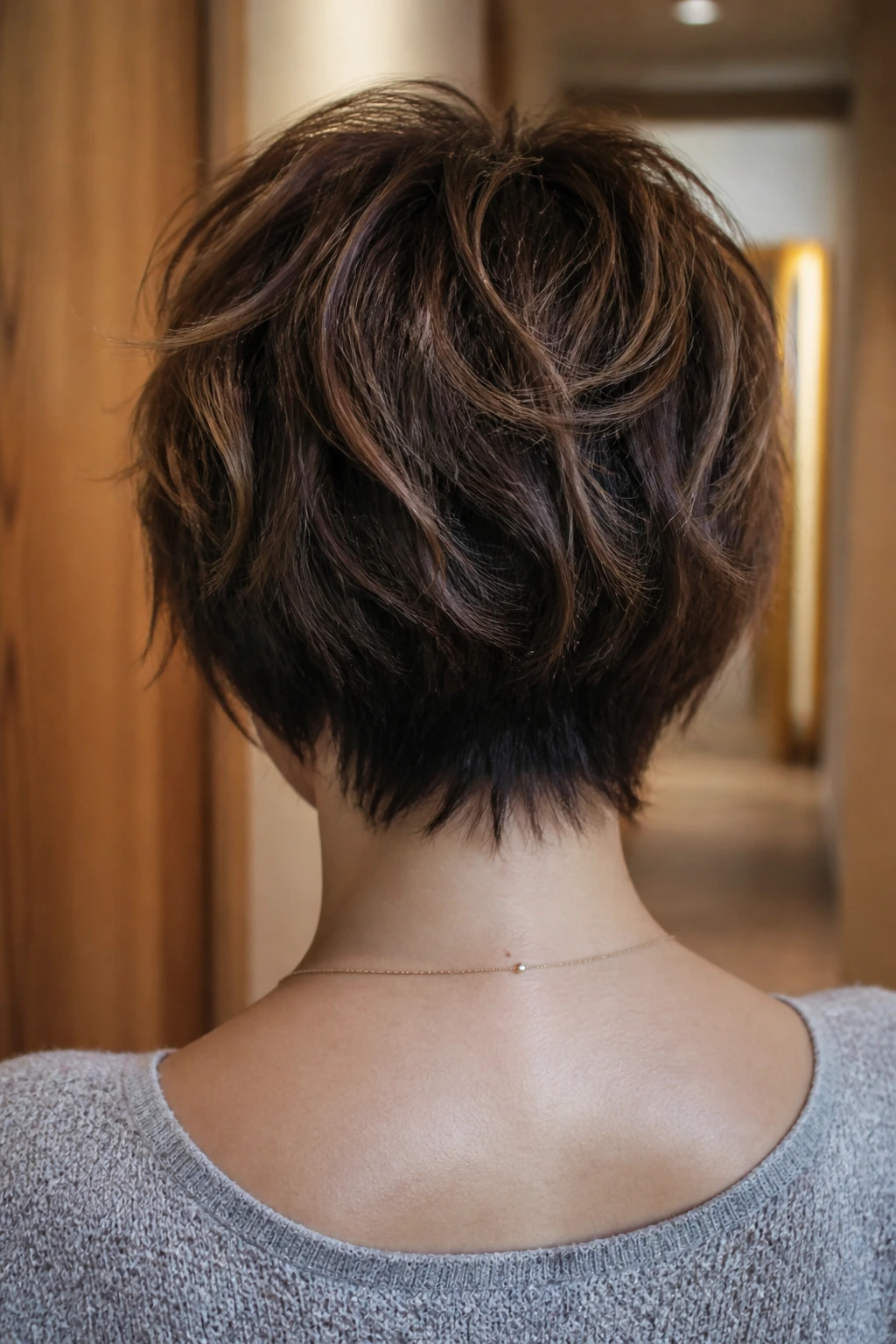 Back-view portrait focusing on a tapered nape shag with a light back silhouette.