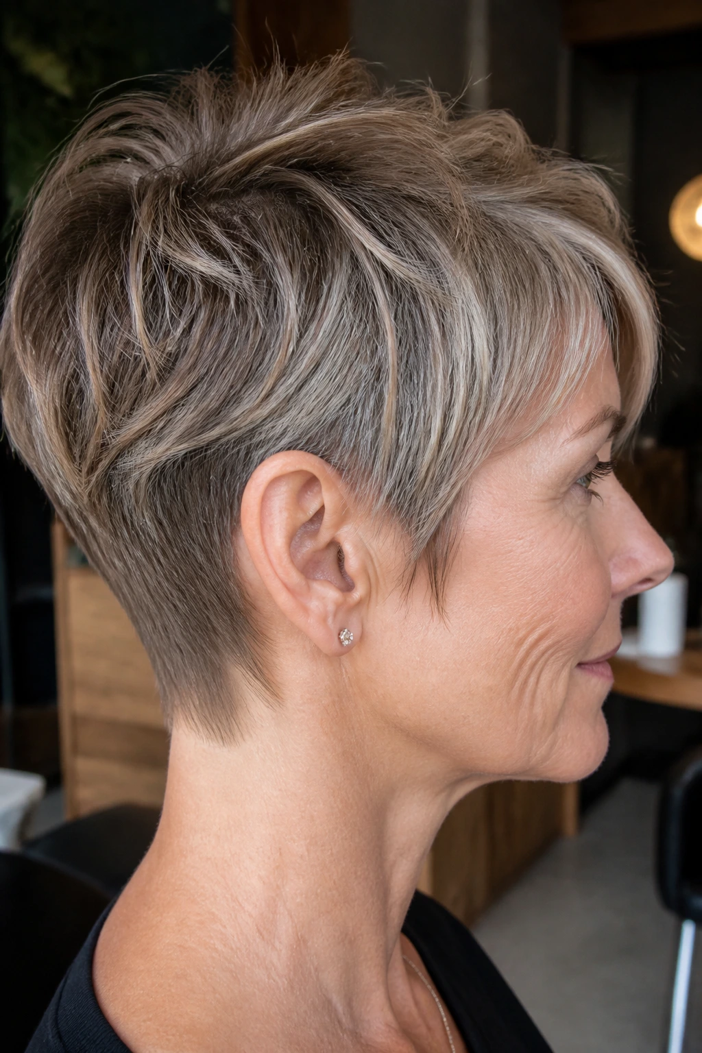 Portrait of woman with tapered nape shag pixie and whisper-light highlights.