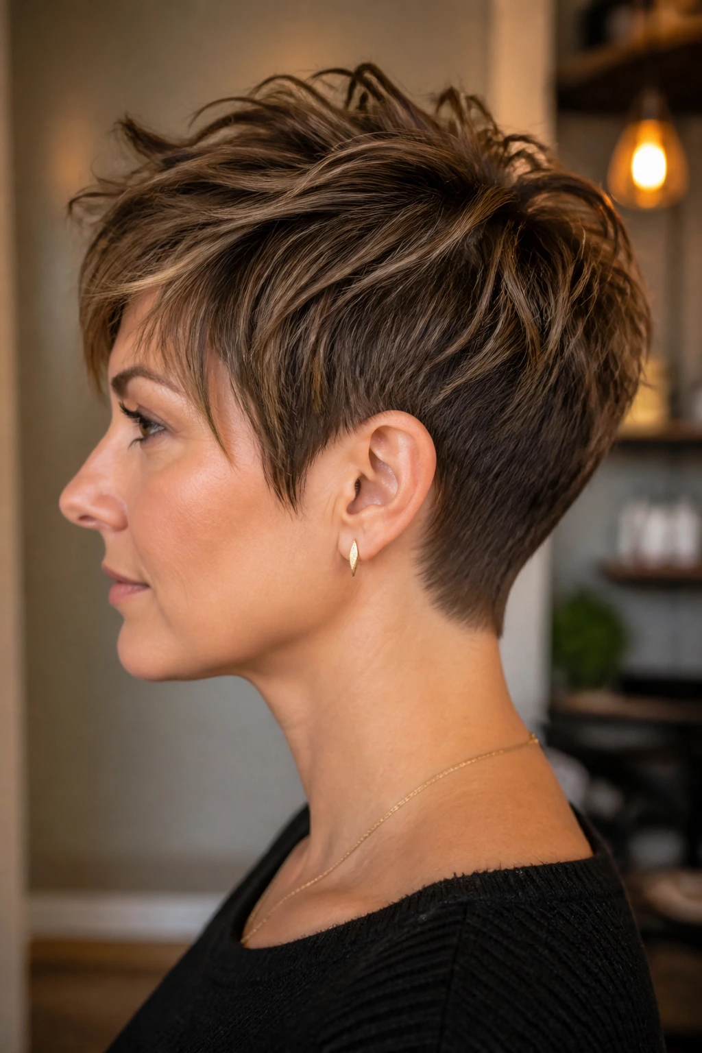 Portrait of a real person with tapered nape shag pixie showing clean back and textured top