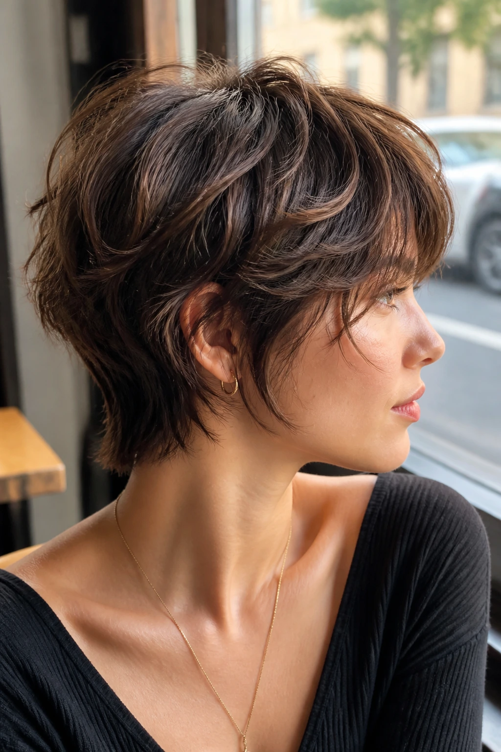 Close-up of real person with tapered nape shag, short back, longer top layers, warm cafe lighting