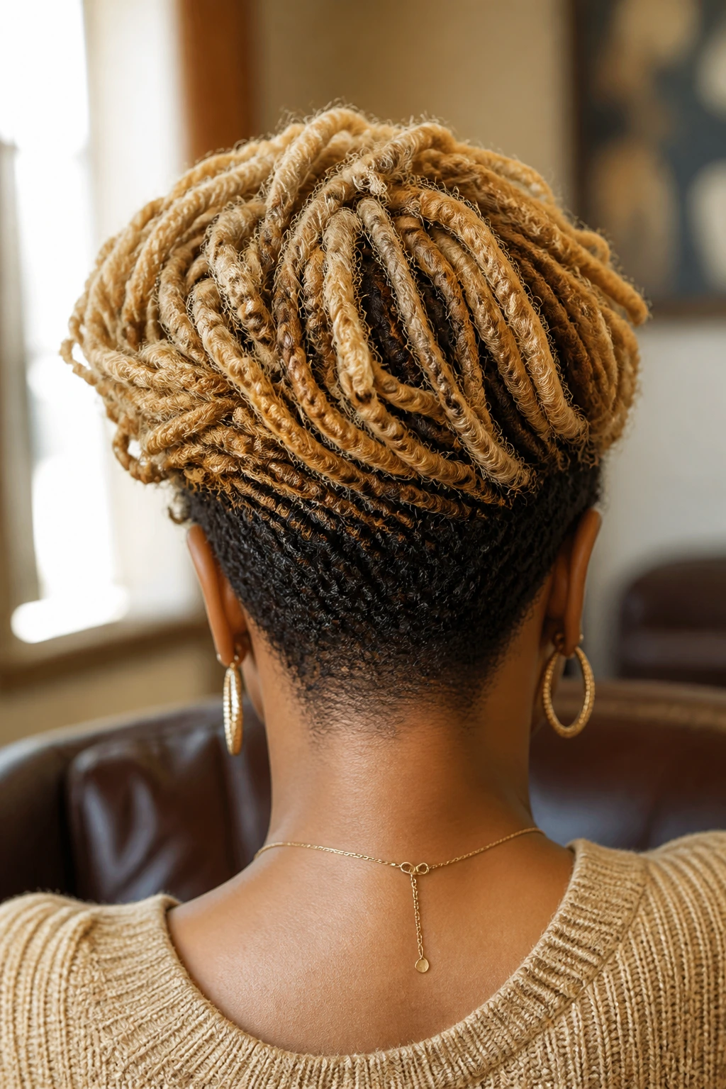 Back view close-up of a tapered nape tuck on blonde locs