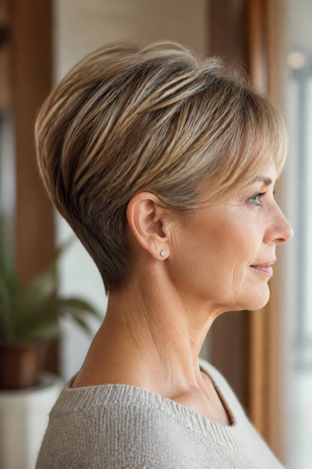Close-up of a real woman with a tapered nape wedge