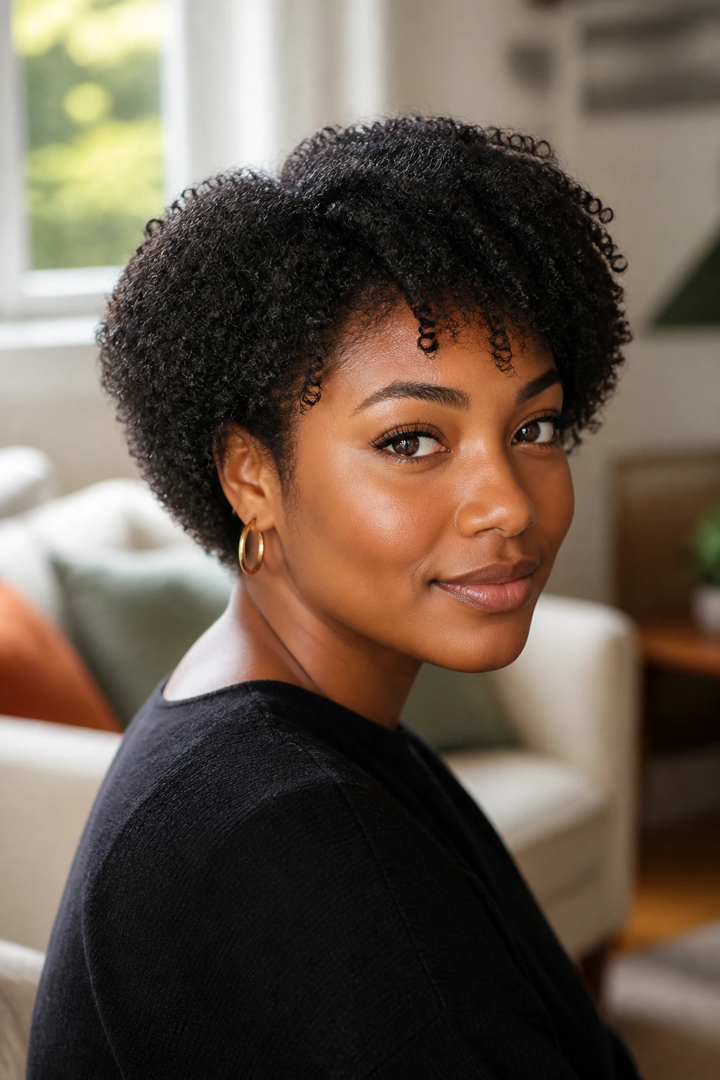 Close-up portrait of a real Black woman with a tapered natural bob and gentle nape taper
