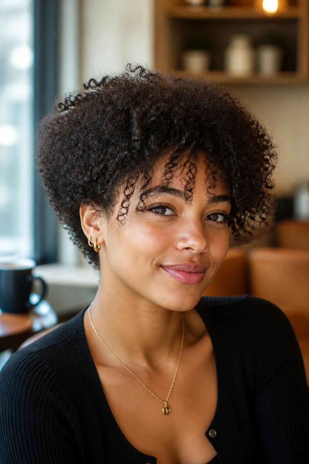 Close-up of a real person with a tapered natural curly cut and light bangs.