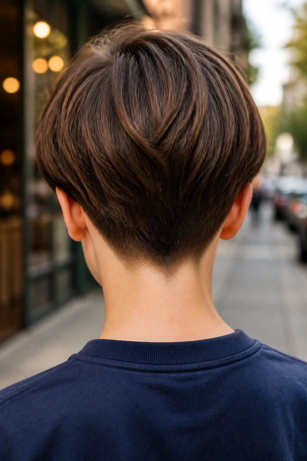 Rear view of a boy displaying a tapered-neck bob with a clean neckline