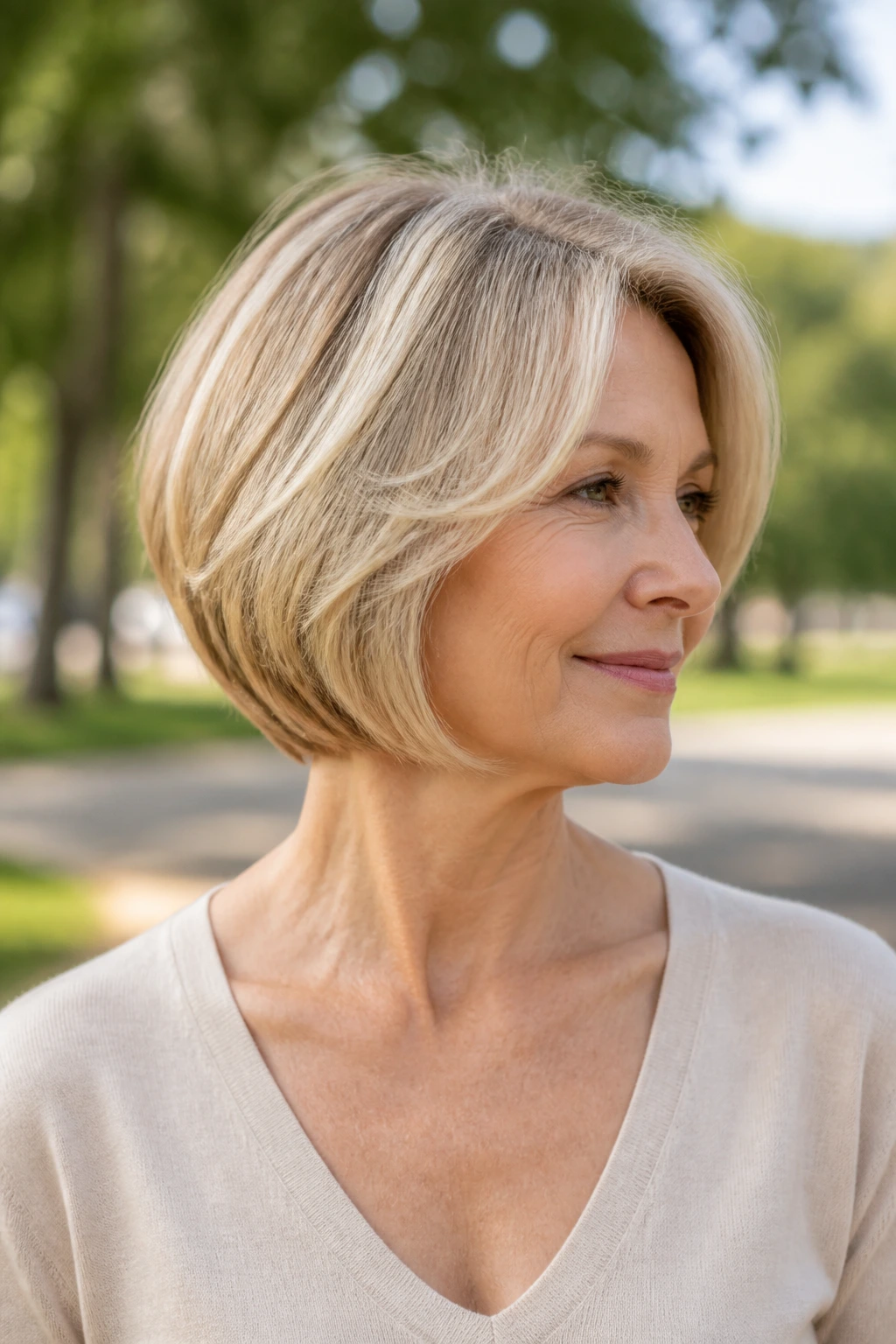 Close-up of a woman with a tapered neck-length bob showing neck clearance.