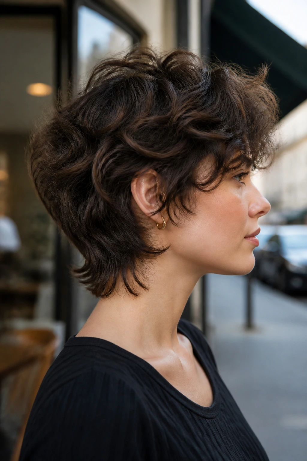 Side-profile of a real woman with tapered neck shag and lifted crown.