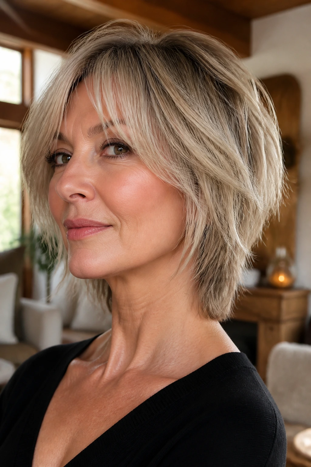 Portrait of woman with tapered neck shag and long curtain bangs.