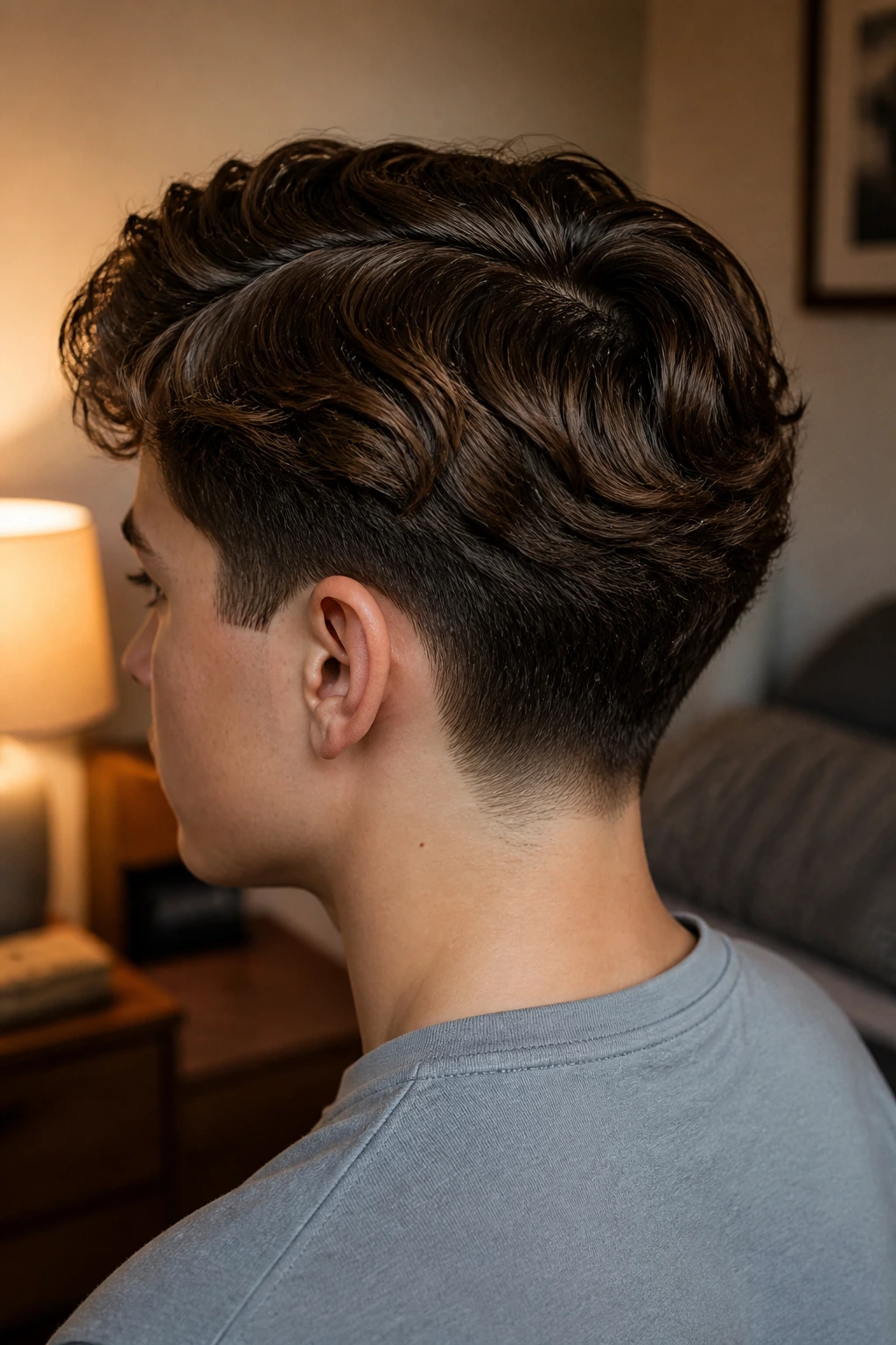 Close-up portrait of a real boy with Tapered Neckline Side Part hairstyle in a warm bedroom