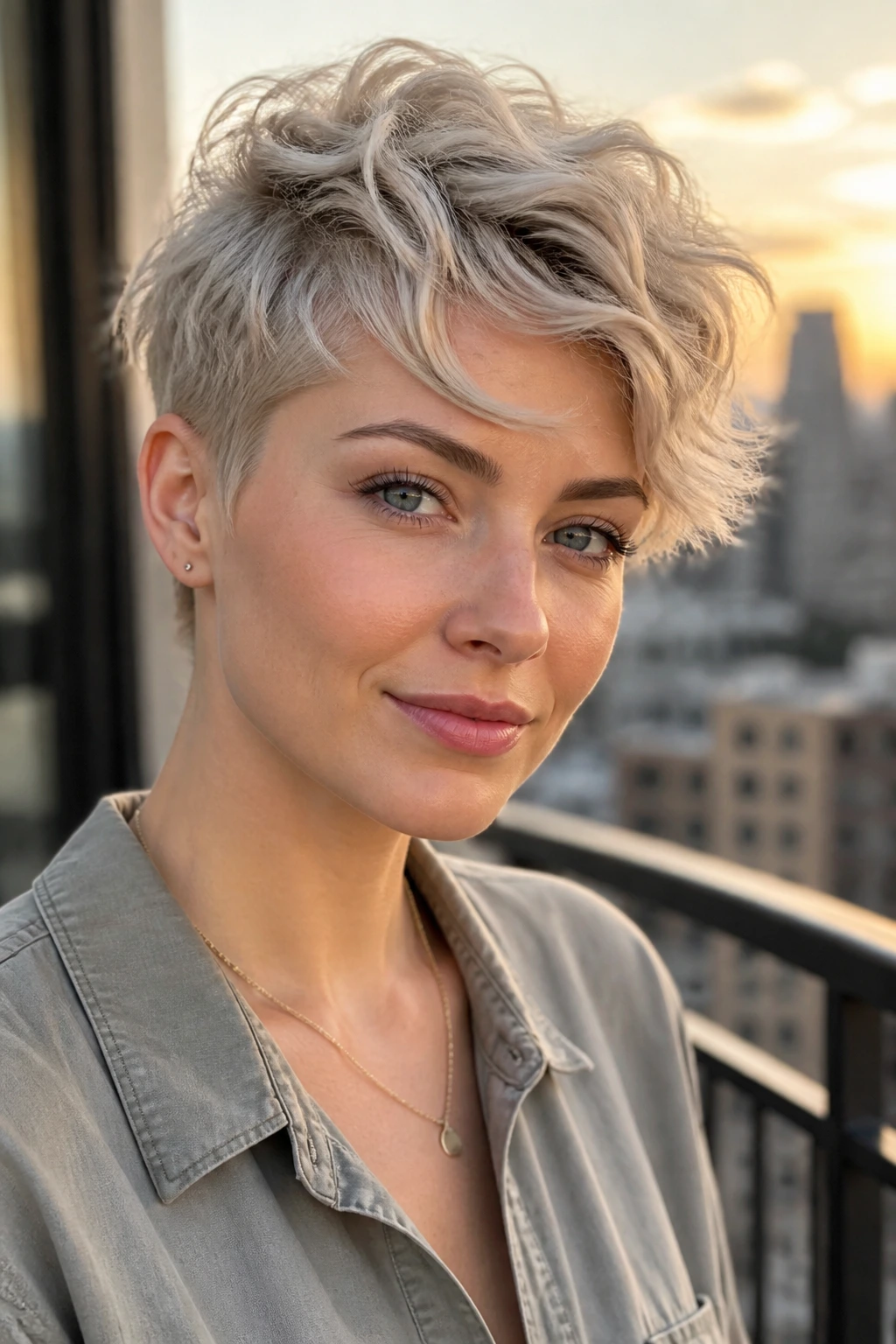 Close-up of a real woman with a tapered wavy pixie in icy blonde
