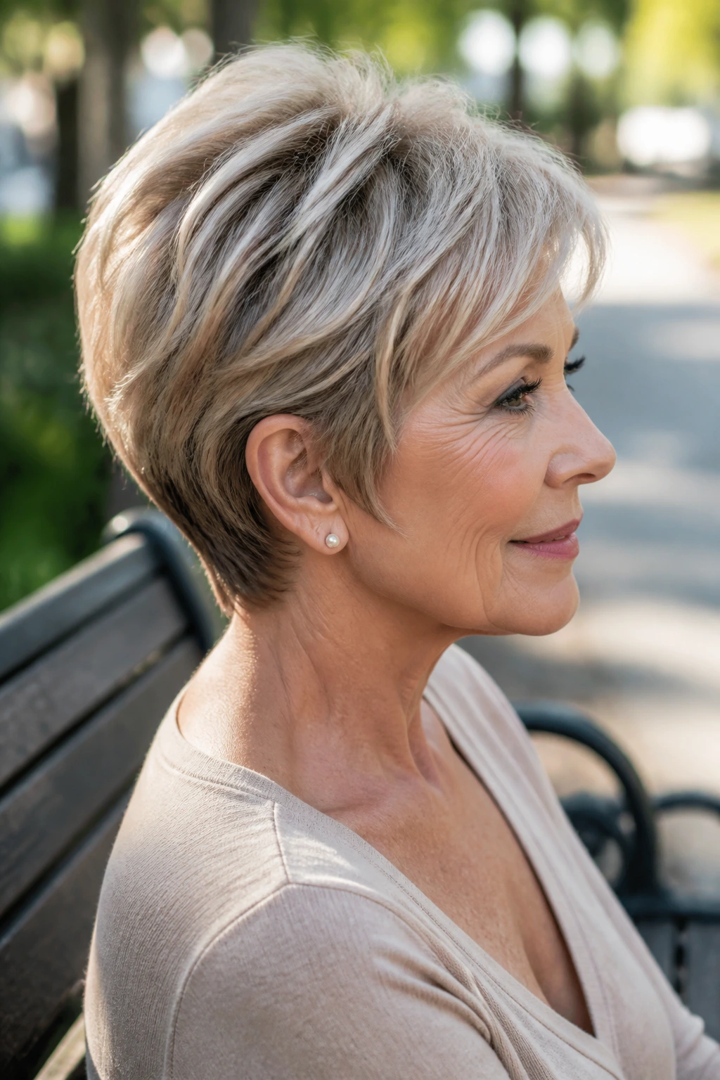 Close-up of a real woman with a tapered pixie bob