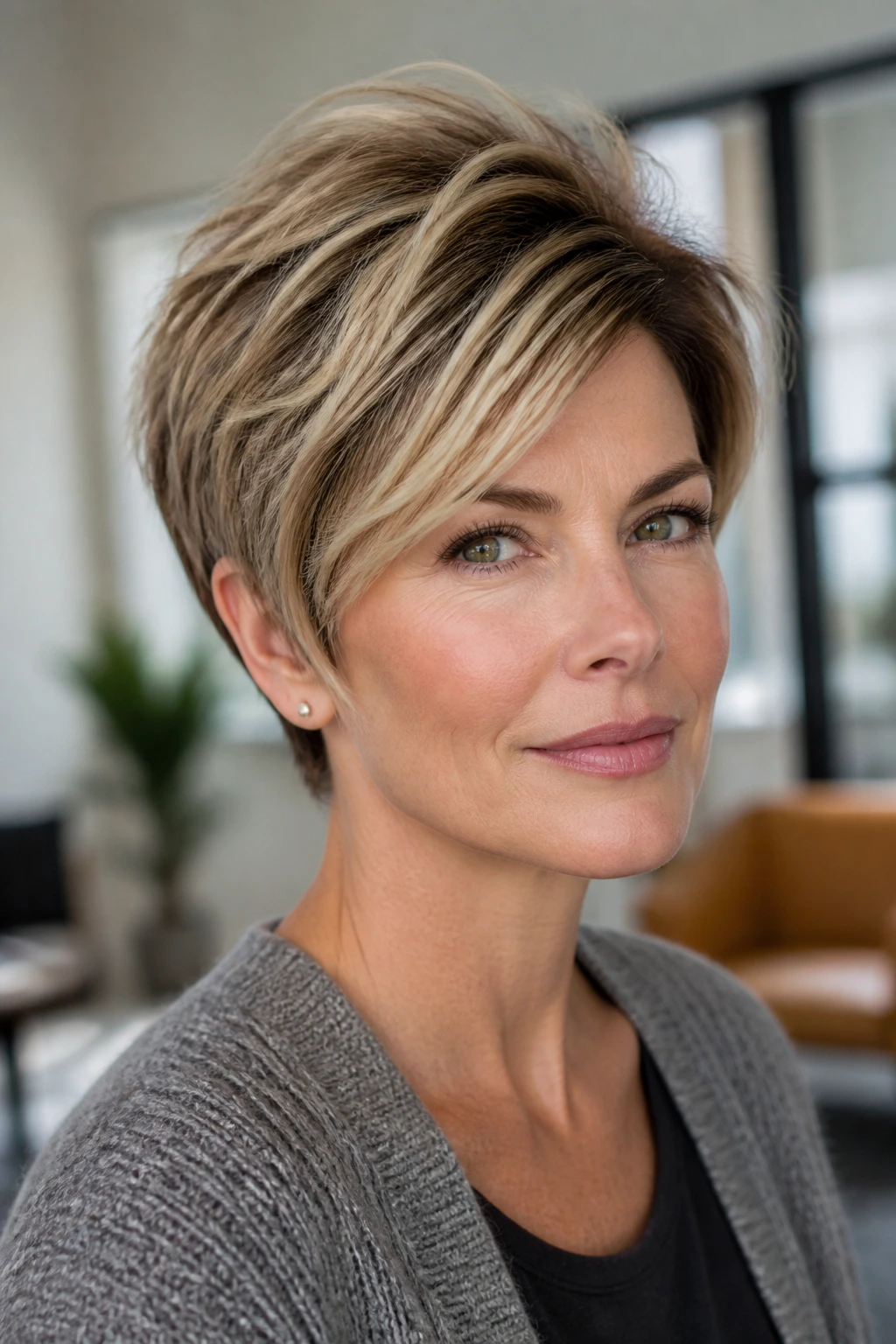 Close-up portrait of a real woman with a tapered pixie bob.