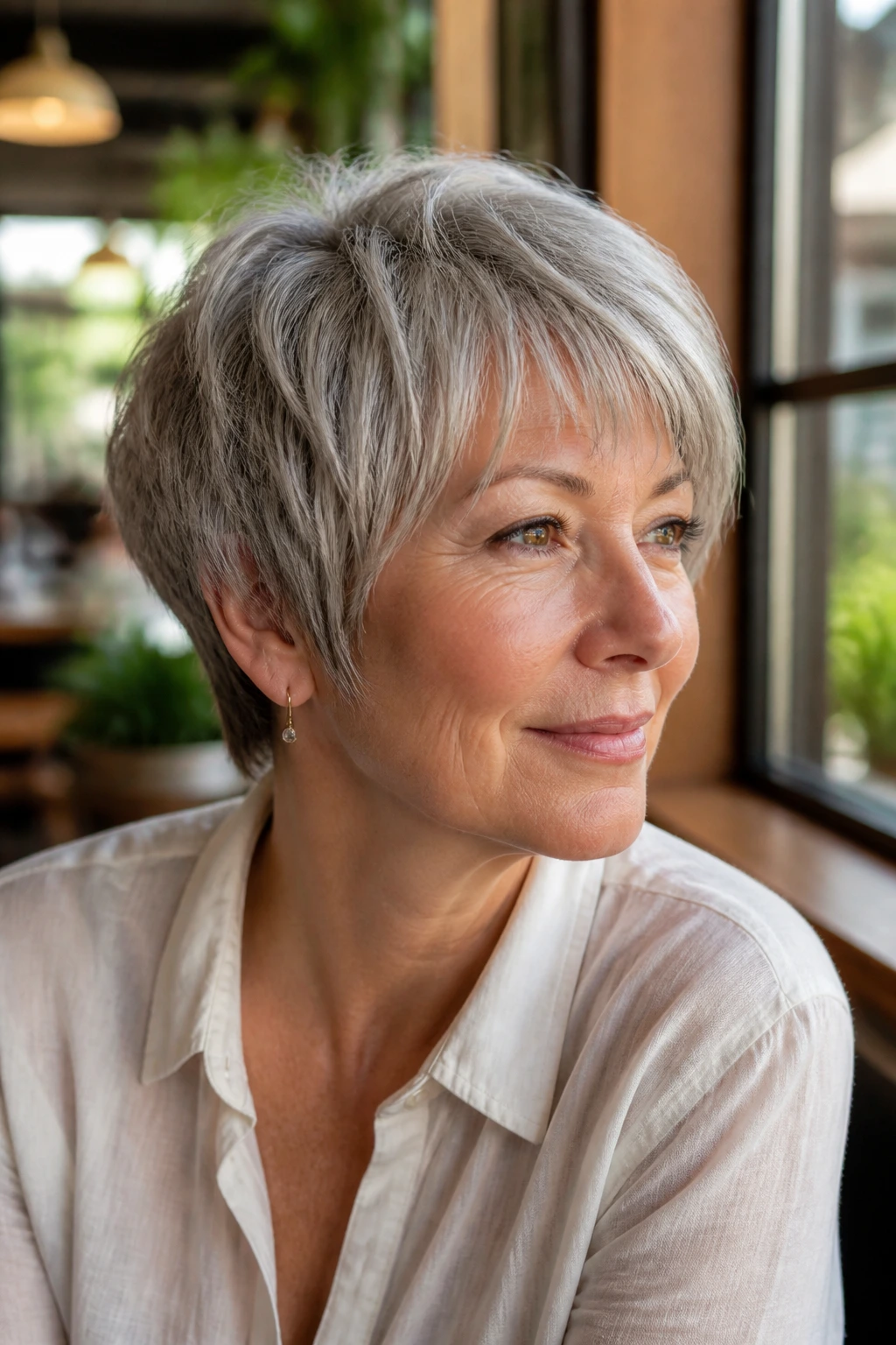 Close-up portrait of a real woman with a tapered pixie-bob showcasing soft grey movement and warm skin