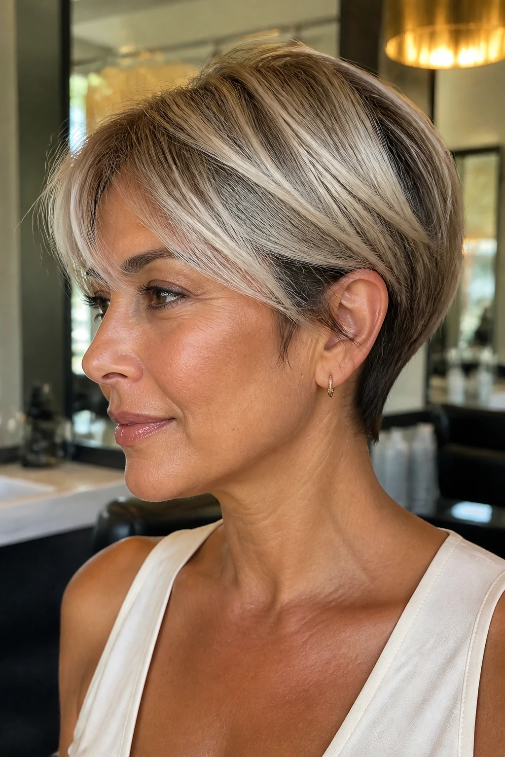 Close-up of a real woman with tapered pixie bob and pearl blonde veil on olive skin