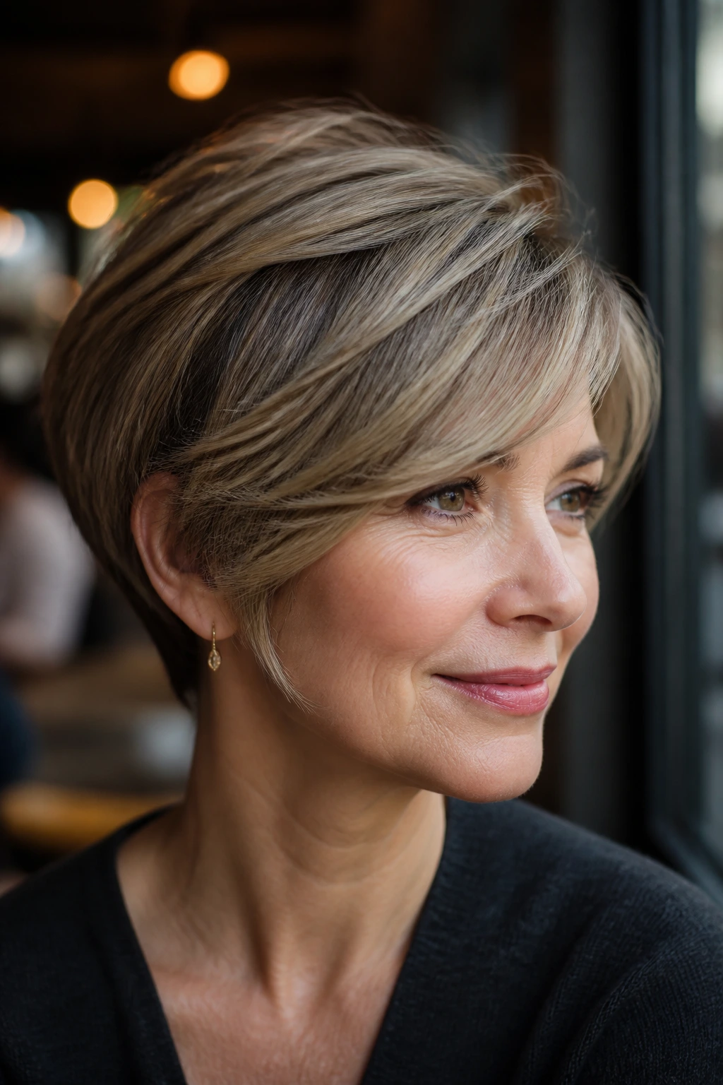 Portrait of a woman with a tapered pixie bob and swooping bangs