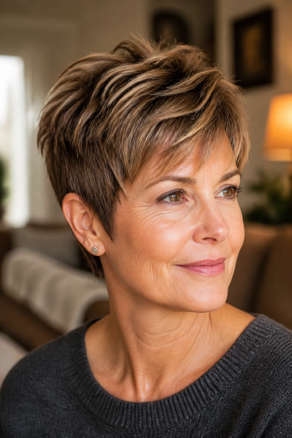 Close-up of a real woman with a tapered pixie and longer crown, caramel highlights