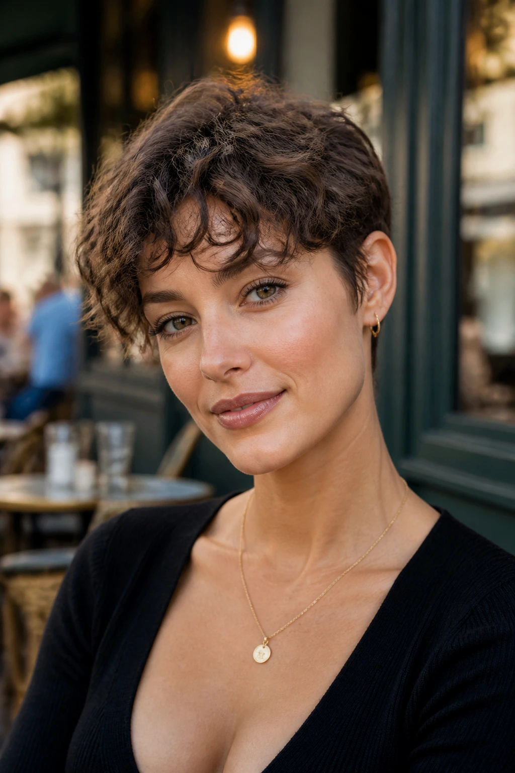 Close-up portrait of a real person with a tapered pixie crop and airy fringe.