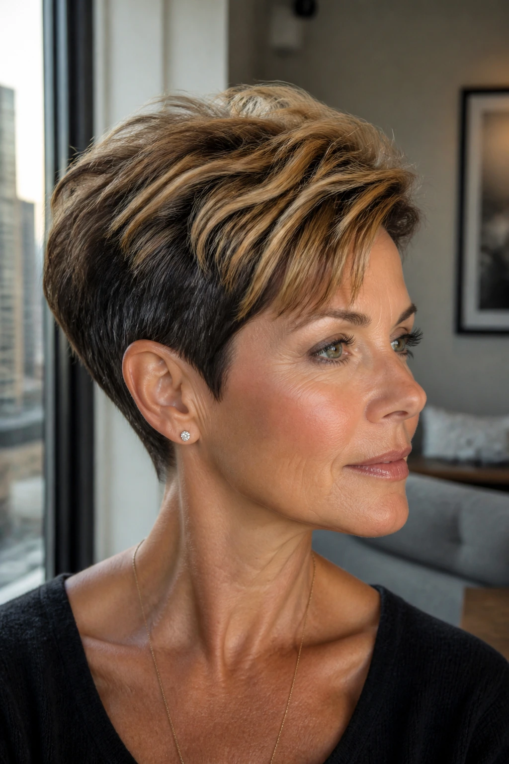 Close-up of a woman with a tapered pixie and caramel crown highlights