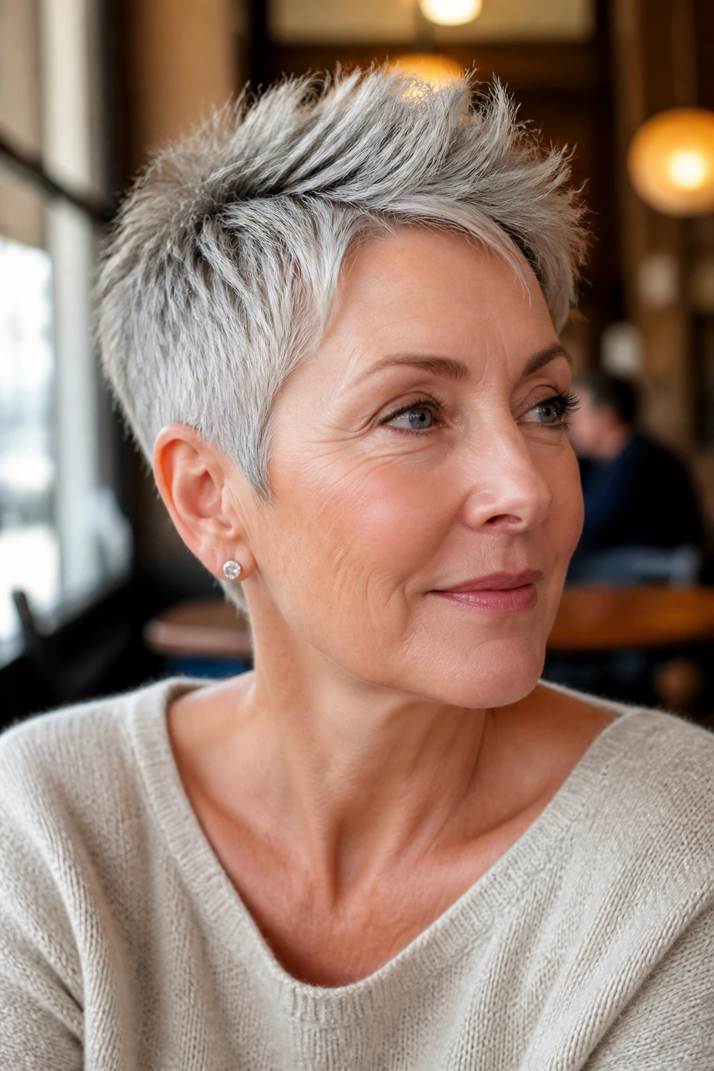 Real woman with tapered pixie and crown-height lift close-up